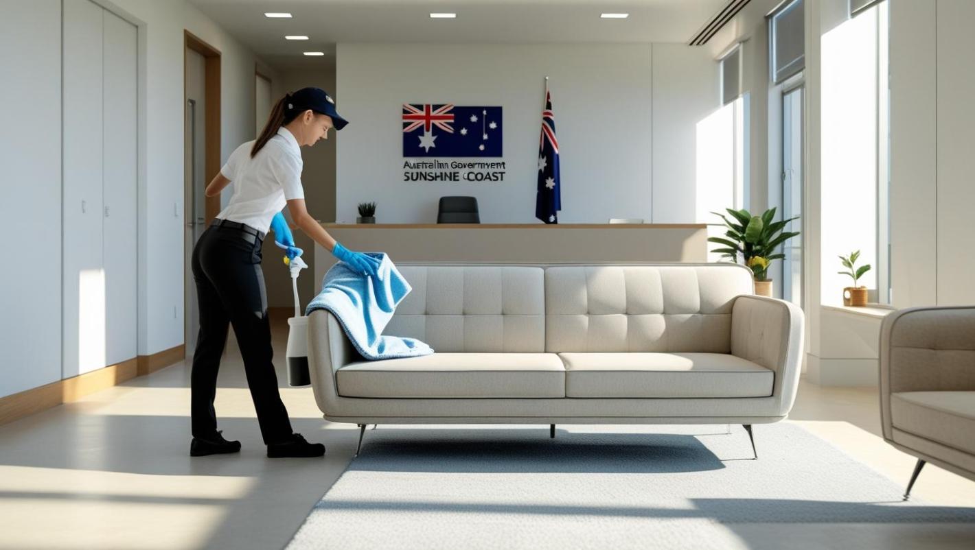 Staff cleans modern sofa inside sunny, professional Australian political office setting.
