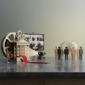 symbols of people facing the globe, political building, and film and television at the back corner
