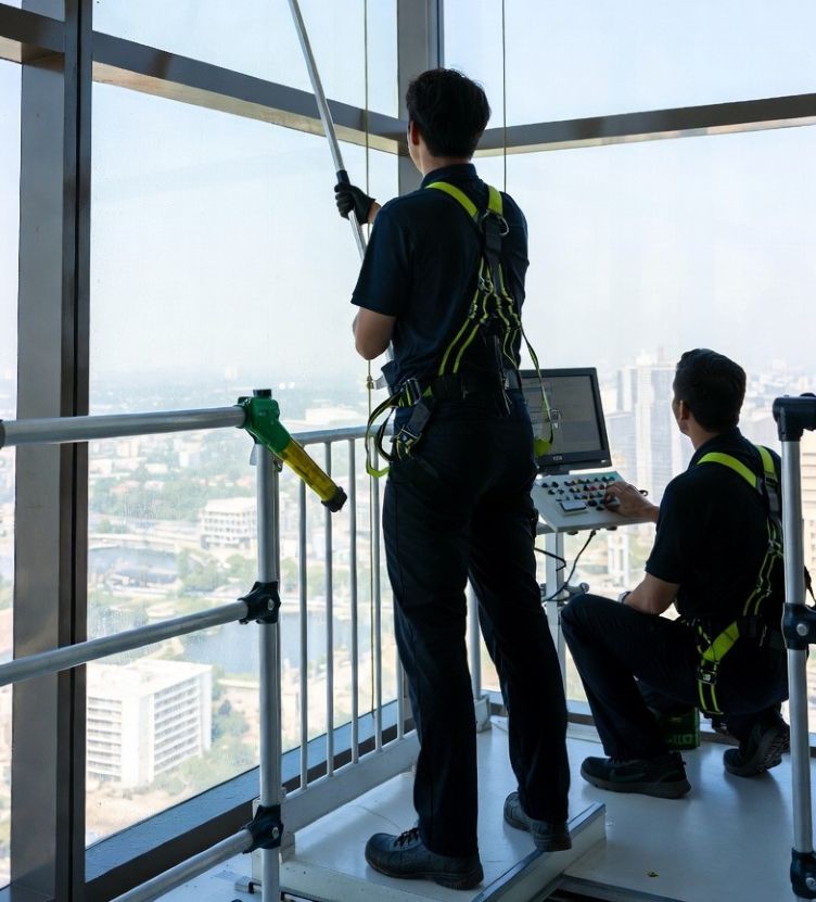 cleaning team using eco-friendly equipment inside a high-rise building