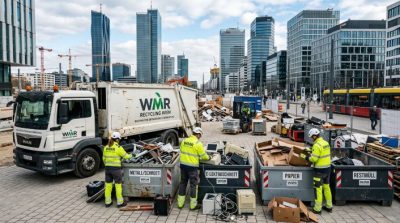 Modern Vienna urban redevelopment project, professional junk removal team clearing commercial property